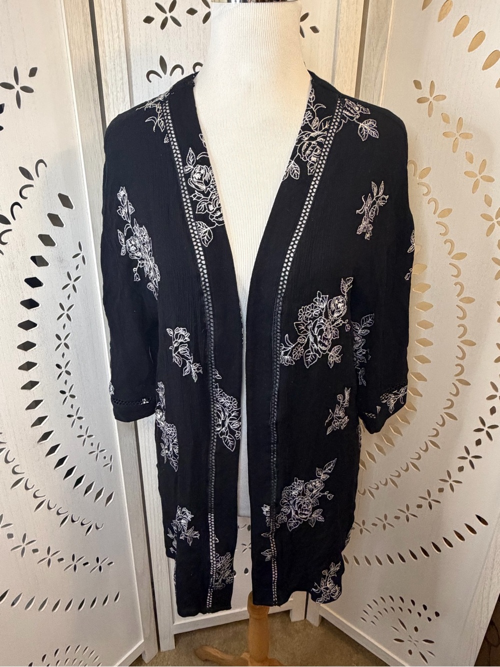 Black Floral Kimono with Cutout Trim